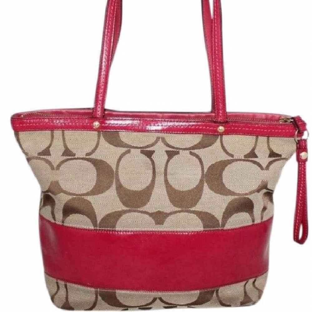COACH BRAND RED TAN 100% LEATHER OVERSIZED BAG SHOPPER PURSE TOTE BAG OS RARE